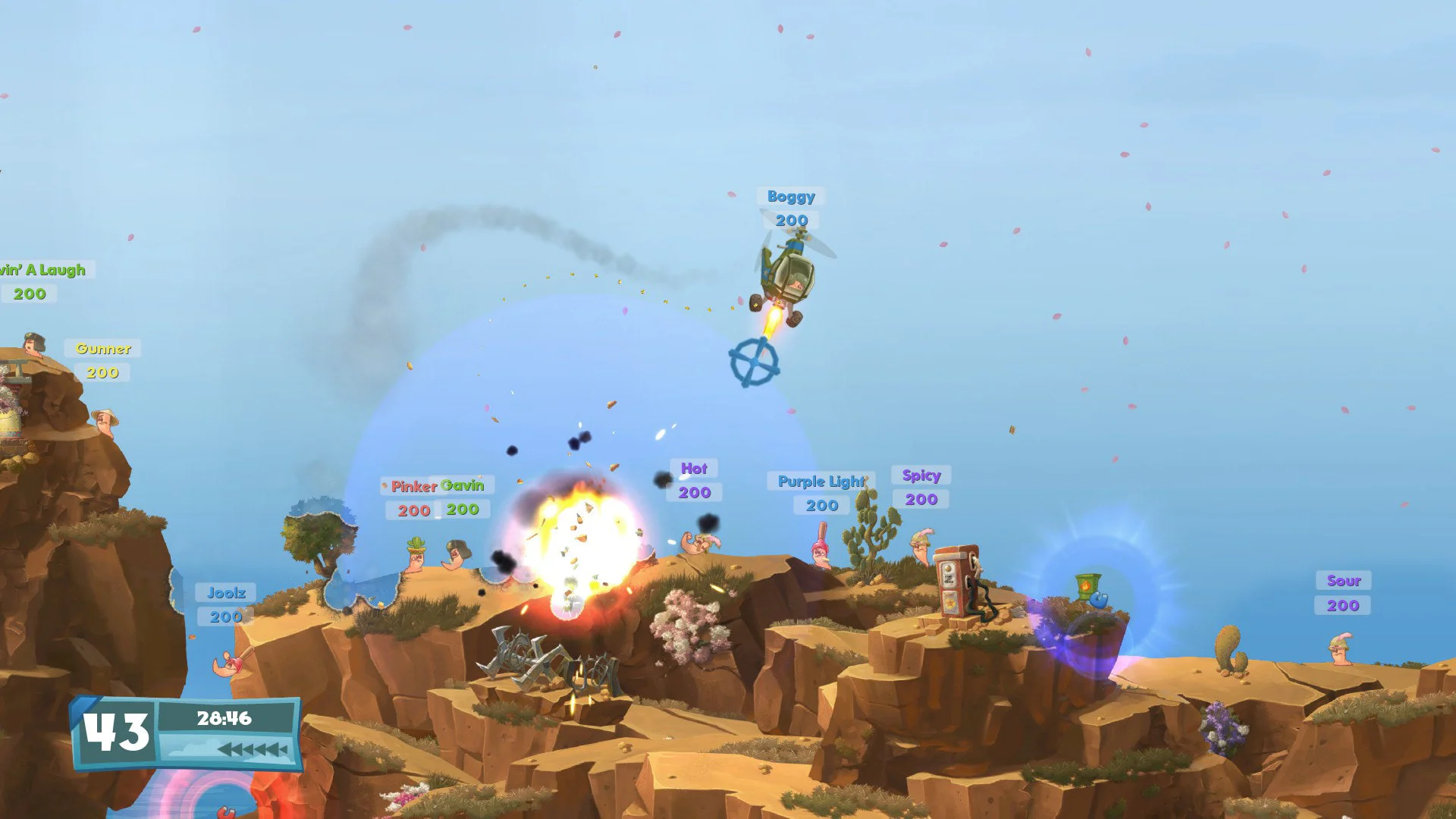 Скриншот Worms WMD с вертолётом и взрывом для аренды на PS