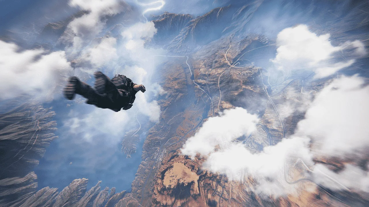 Солдат выполняет прыжок с парашютом над горами в Ghost Recon Wildlands