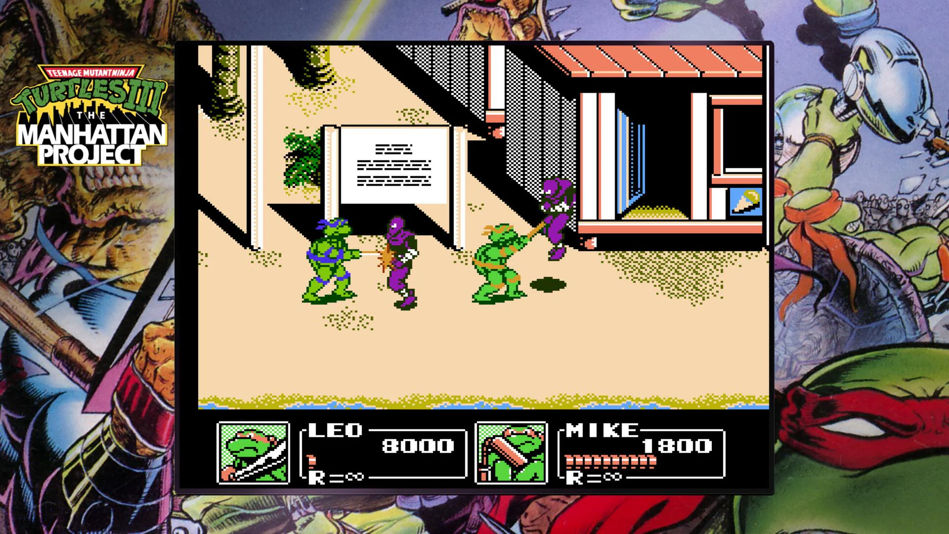 Скриншот TMNT III Manhattan Project с Леонардо и Микеланджело для аренды на PS