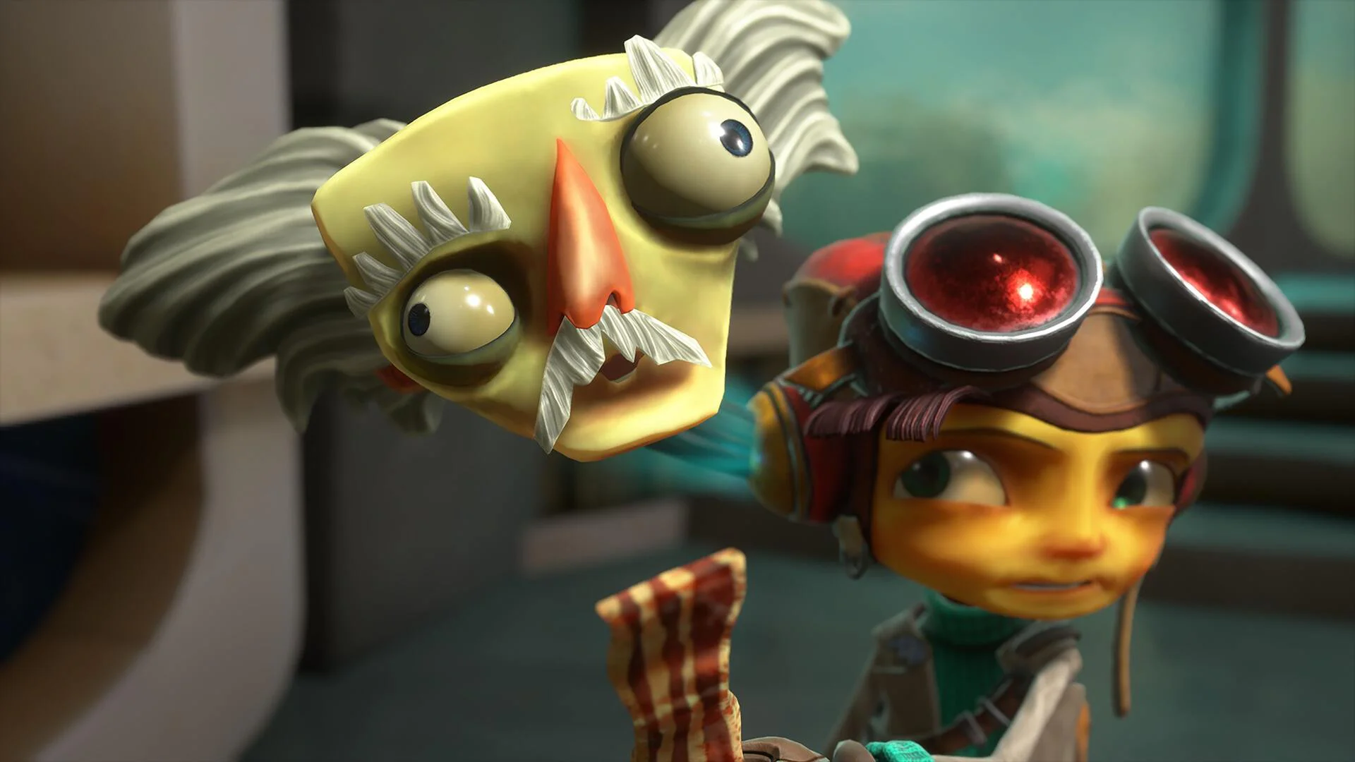 Раз держит маску с глазами в Psychonauts 2