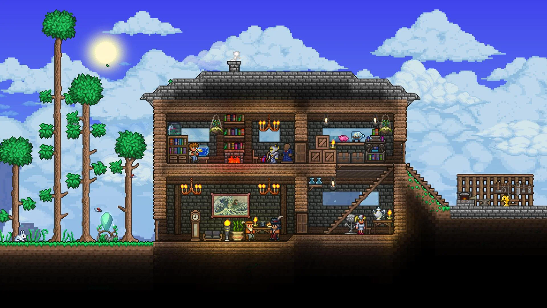 Скриншот Terraria с большим домом и NPC для аренды на PS