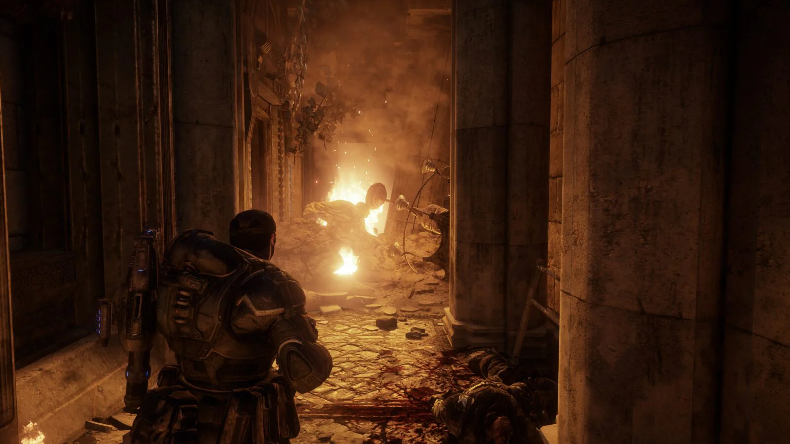 Скриншот Gears of War Reloaded с бойцом в разрушенном коридоре аренда PS