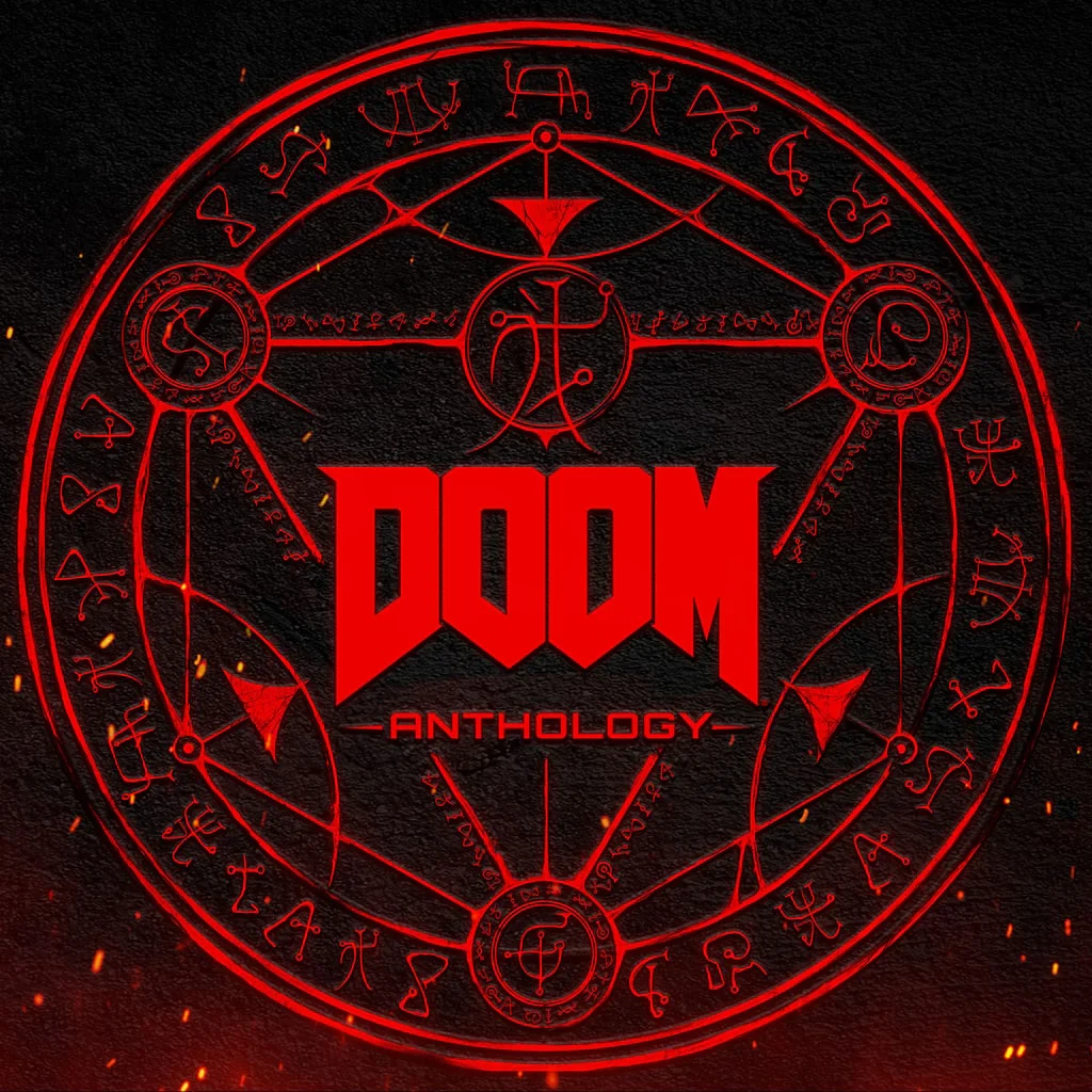 логотип doom anthology на фоне красной пентаграммы playstation аренда