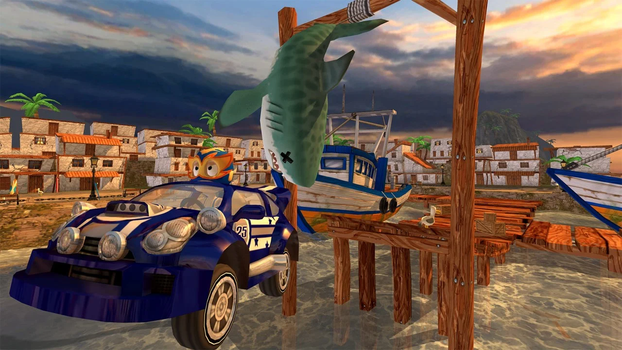 МакСкелли проезжает мимо акулы аренда PlayStation игры Beach Buggy Racing