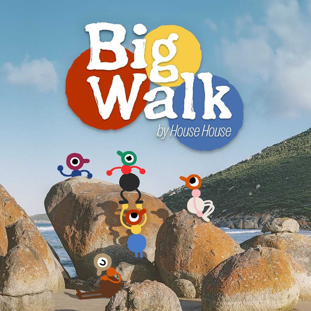 Big Walk на PS5 — новый кооператив от House House Логотип Big Walk и персонажи на камнях, аренда игры PlayStation